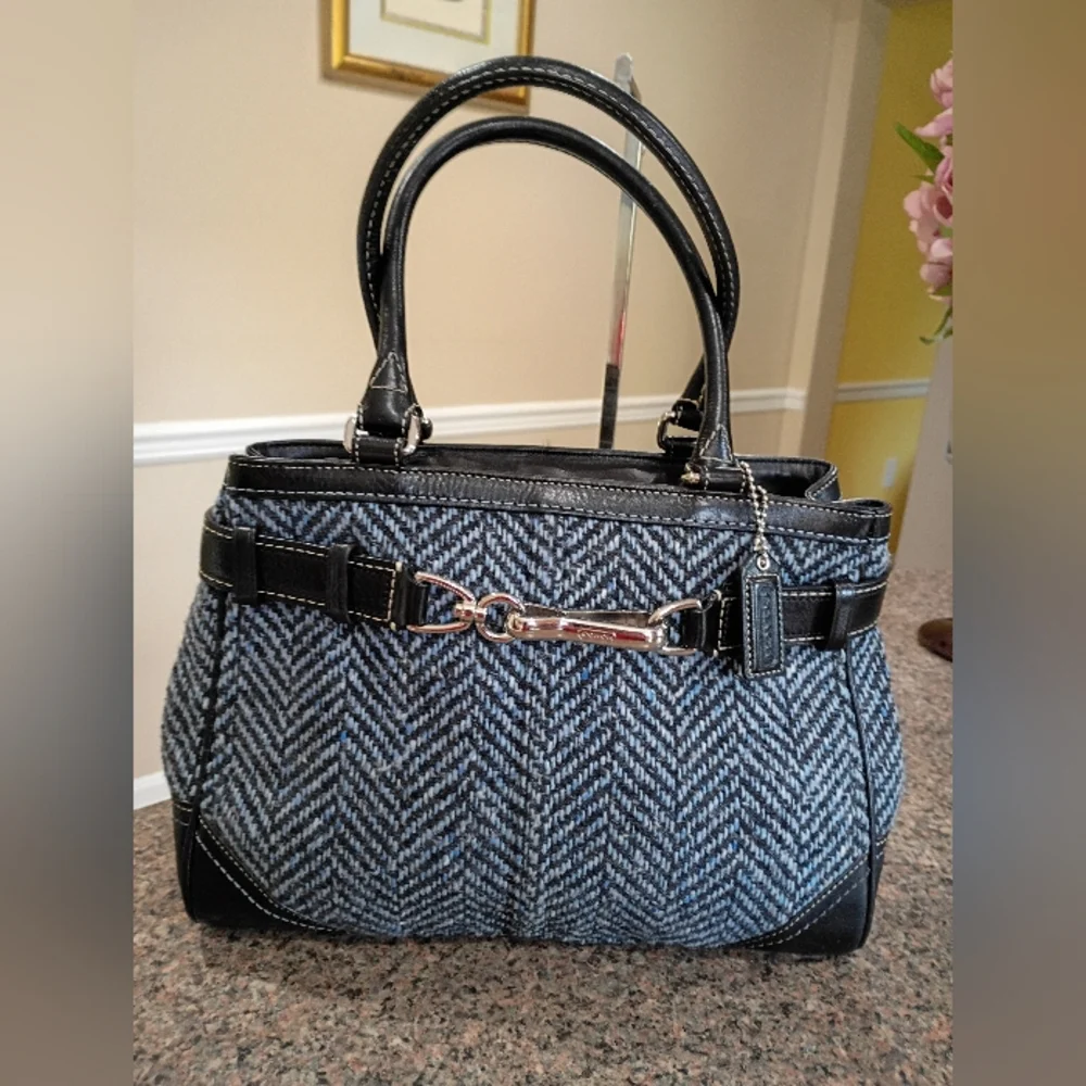 Coach Hampton Blue Black Wool Tweed Leather Trim Satchel - Picture 15 of 15